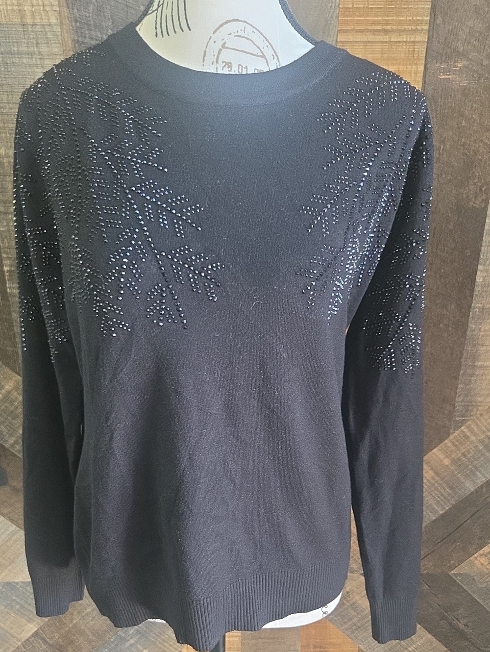 Black Crewneck Sweater with Rhinestone Branch Detail